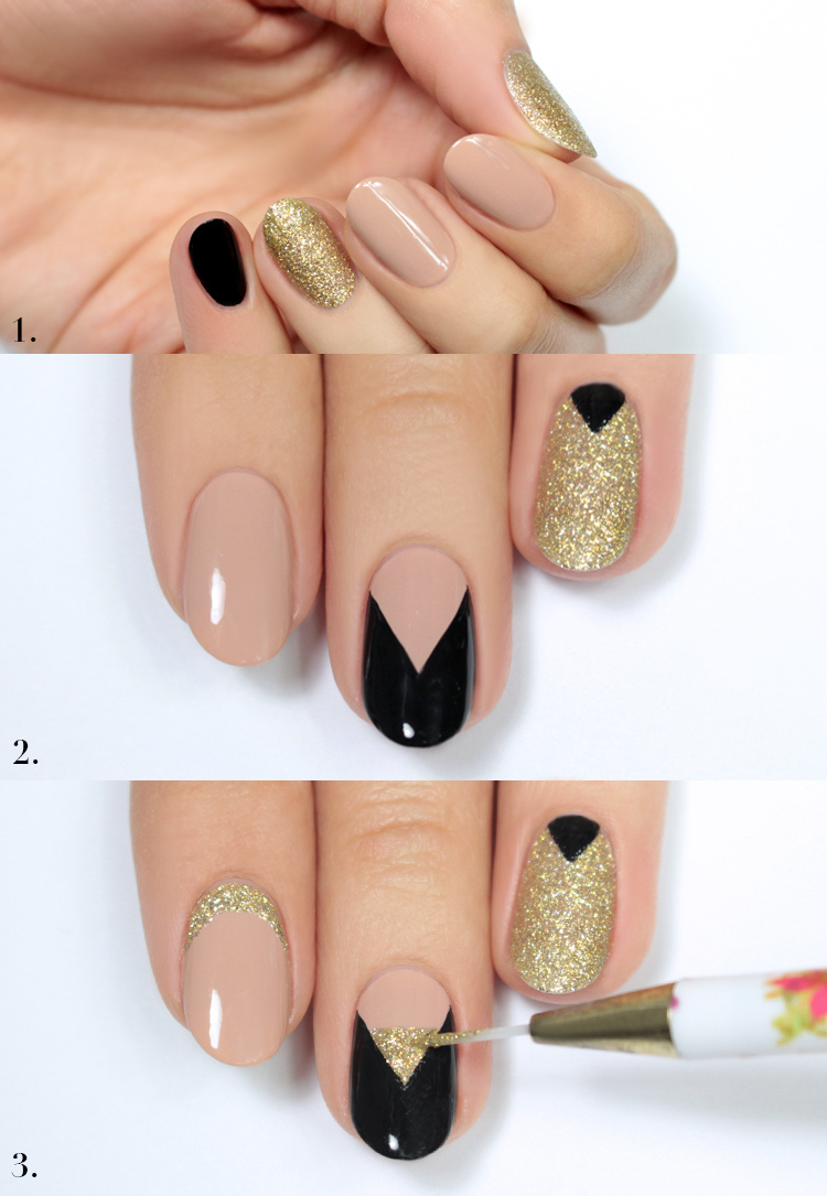 nail art noir or ongles nude tutoriel