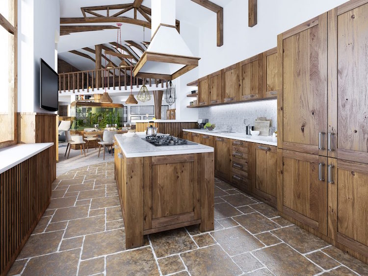 relooking cuisine rustique moderne ilot bois plan de travail pierre