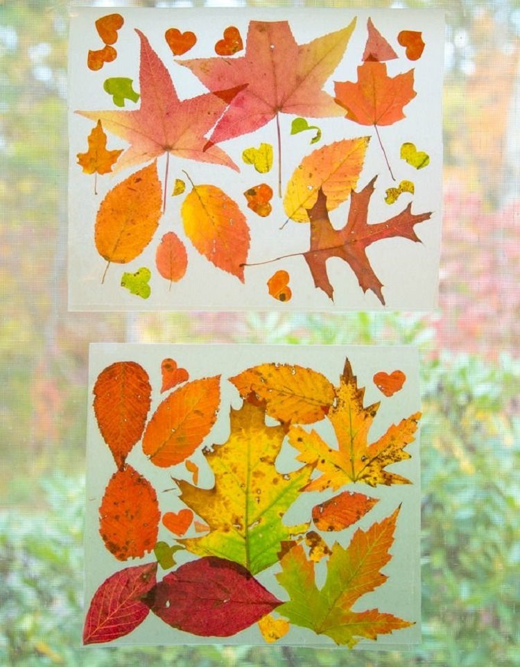 bricolage d'automne avec des feuilles d'arbre attrape-soleil DIY