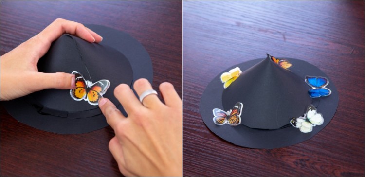 déguisement sorcière fille chapeau carton noir décoré costume Halloween fillette DIY