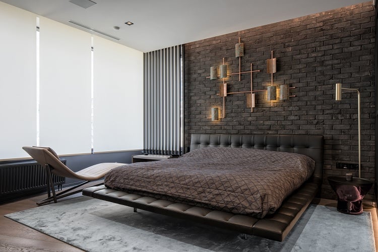 mur en brique chambre à coucher éclairage design
