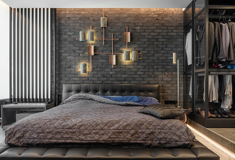 mur en brique éclairage design dressing chambre a coucher