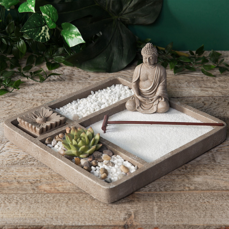 jardin zen miniature DIY statuette bouddha sable blanc plante succulente