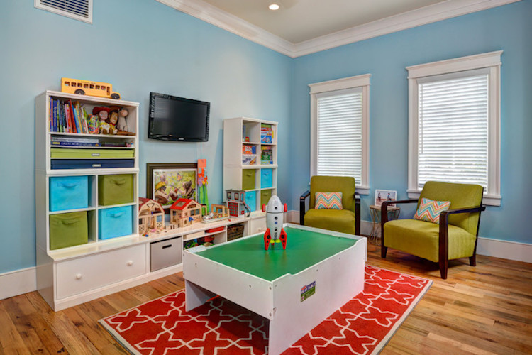 salle de jeux pour enfant meuble paniers rangement fusee jouet
