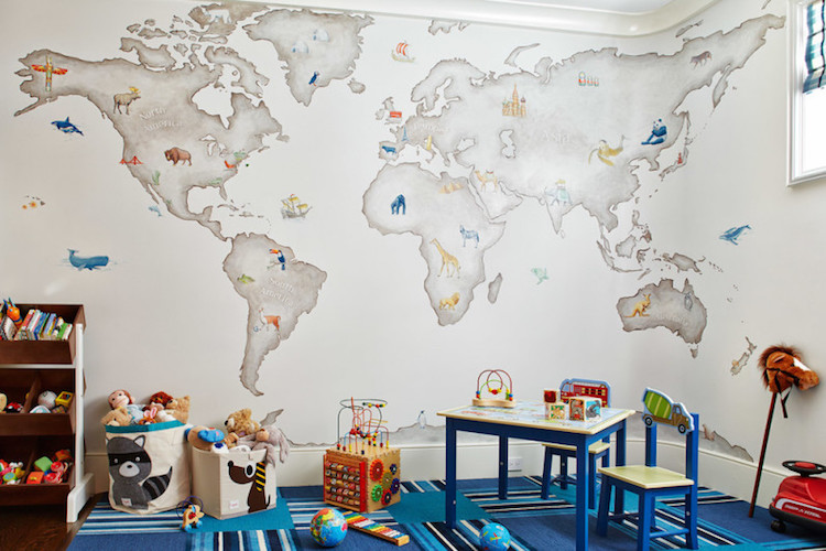 salle de jeux pour enfant sacs rangement papier peint carte continents