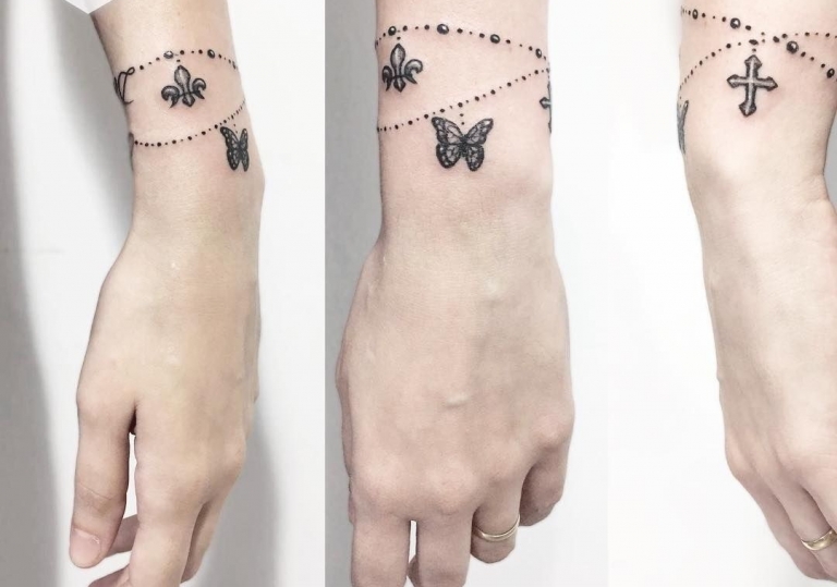 tatouage bracelet coloré poignet femme modèle raffinée amatrices tatouages modernes