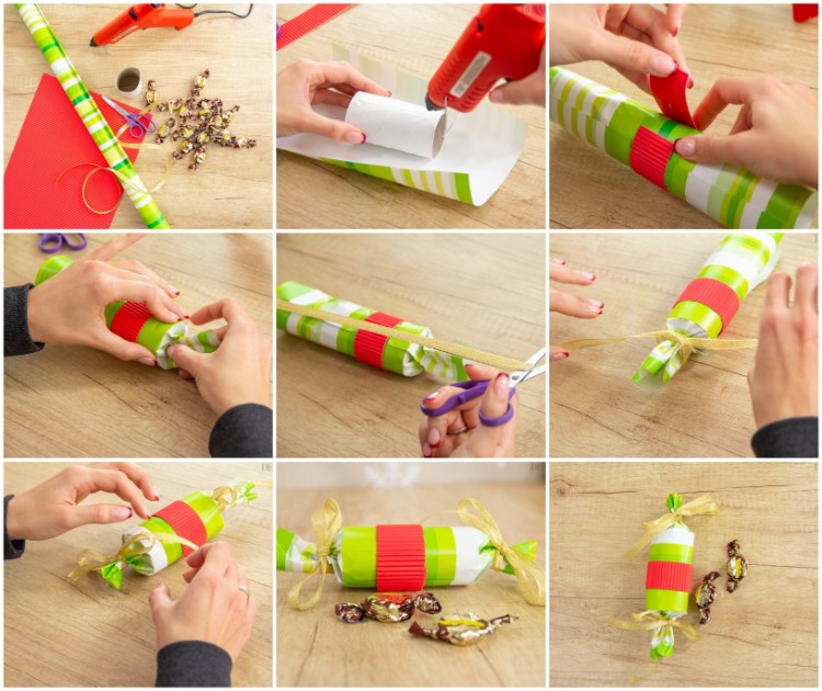 bricolage de Noël avec rouleau papier toilette bonbonnière carton recyclé idée cadeau DIY fête