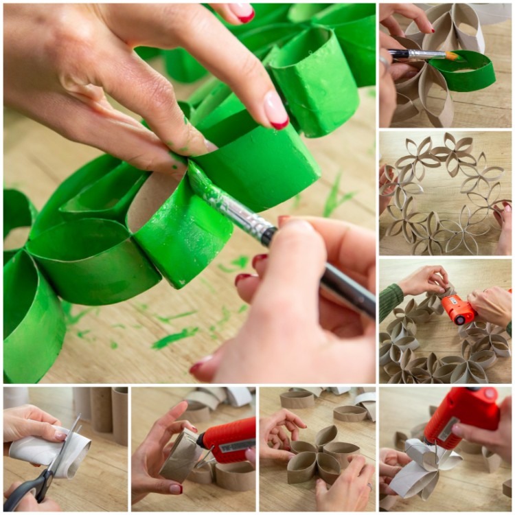 bricolage de Noël avec rouleau papier toilette tuto étape par étape couronne porte papier recyclé