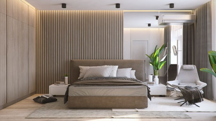 couleurs neutres chambre a coucher cloison bois éclairage intégré