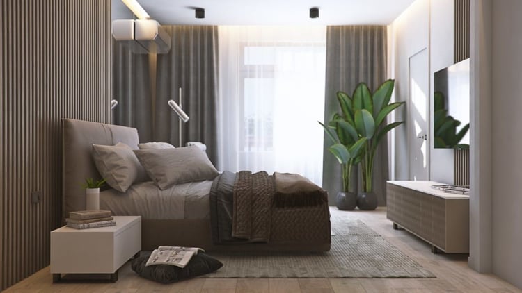 couleurs neutres chambre à coucher plante verte design moderne