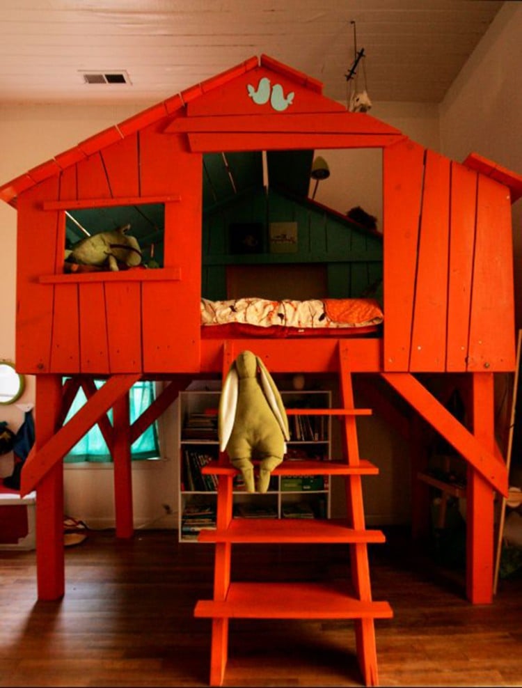 lit cabane à faire soi-même bois peint rouge modèle superposé
