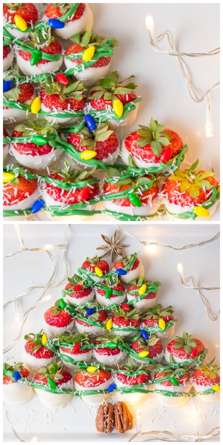 sapin de Noël gourmand avec fraises nappées chocolat blanc idée originale dessert sain Noël 2018