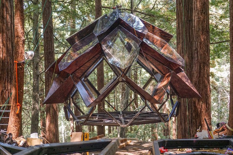 cabane géodésique design pomme de pin verre bois séquoia californien