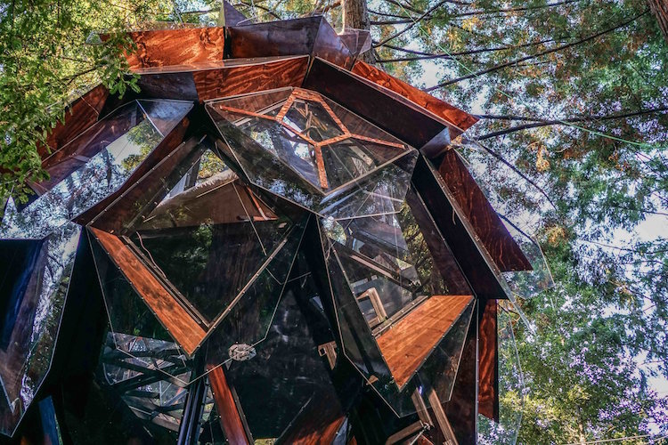 cabane géodésique forme pomme de pin O2 fenêtres panoramiques structure bois acier