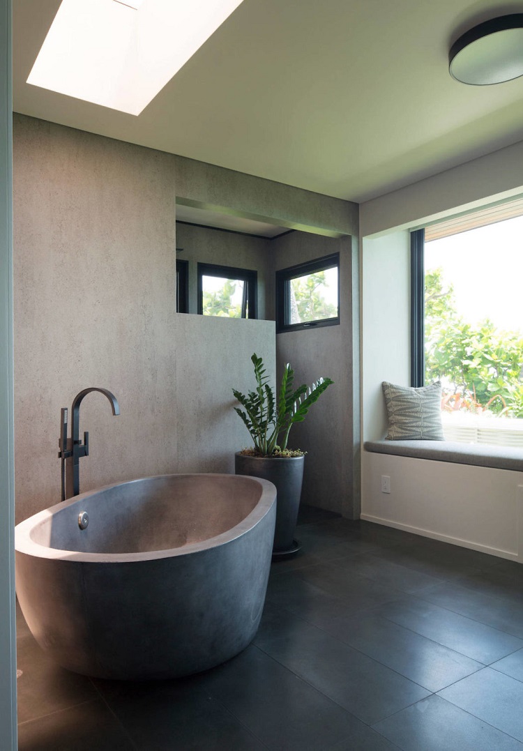 camaïeu de gris salle de bain baignoire plantes vertes