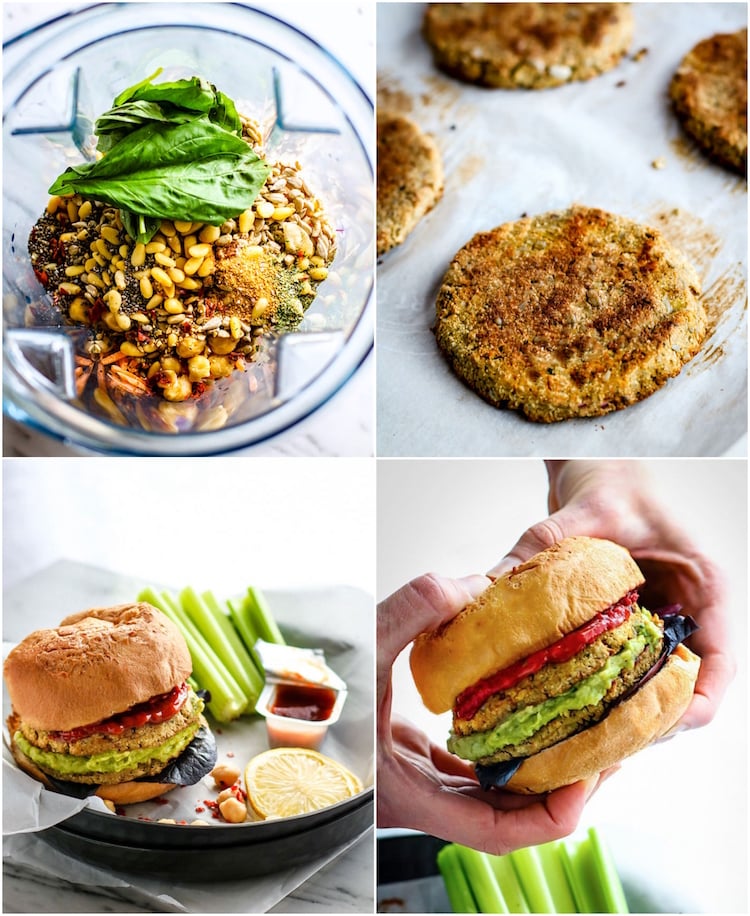 fast food vegan burger pois chiches pignons chia herbes basilic