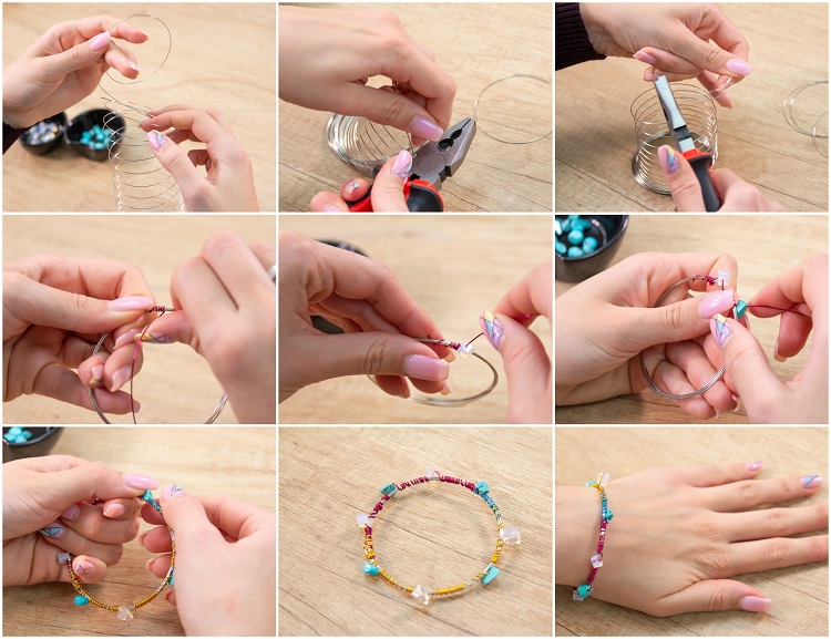 modèles de bracelet à faire soi-même perles déco fil cuivre coloré tuto bricolage facile original accessoire personnalisé