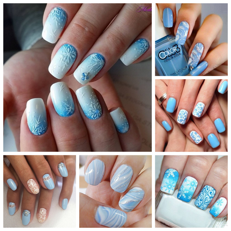 ongles en gel blanc idées variées avec du bleu