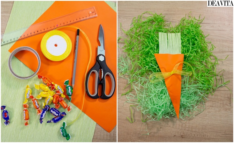 cadeau de Pâques à fabriquer pour enfnats remplir bonbons projet diy facile carotte papier crépon