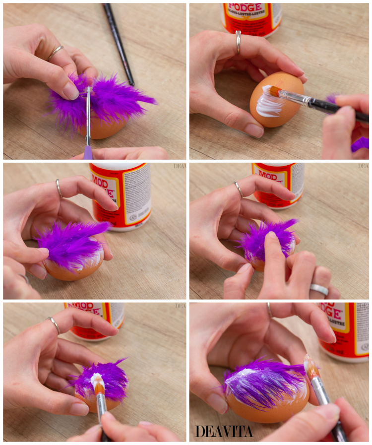 décoration des œufs de Pâques plumes tutoriel étape par étape