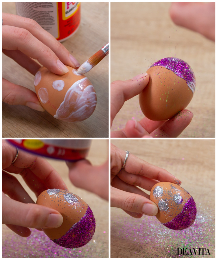 décoration des œufs de Pâques poudre de paillettes tutoriel étape par étape