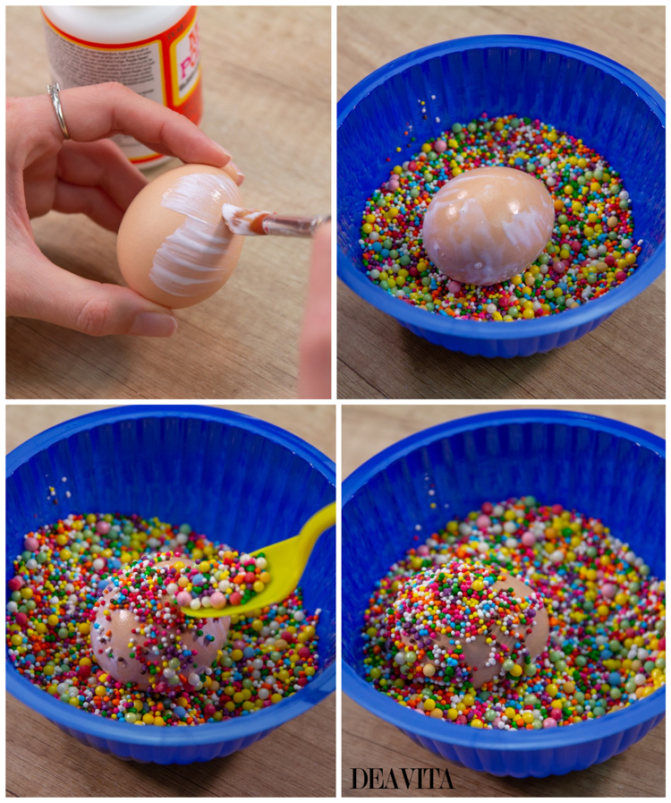 décoration des œufs de Pâques vermicelles sucre multicolores étapes de réalisation