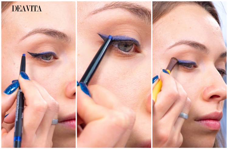 maquillage avec eye-liner bleu tendance make up tuto facile produits cosmétiques nécessaires