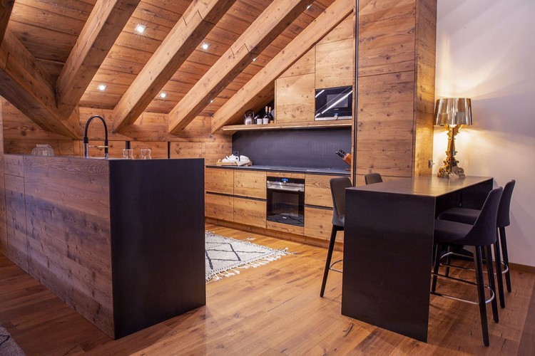 revêtement bois intérieur cuisine éclairage moderne
