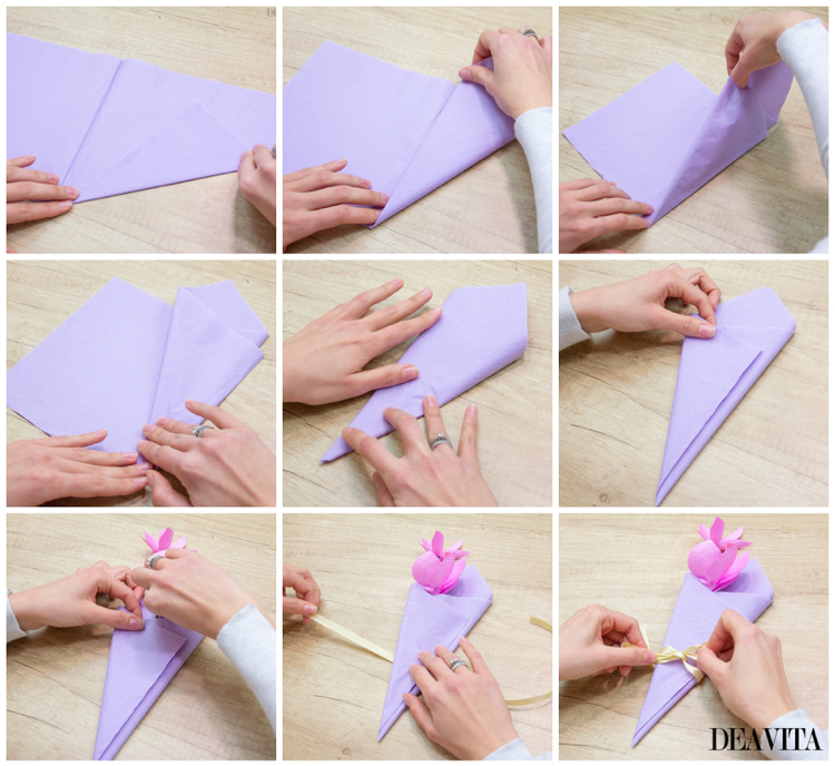 pliage de serviette pour Pâques fleur en papier idée déco table porte couverts