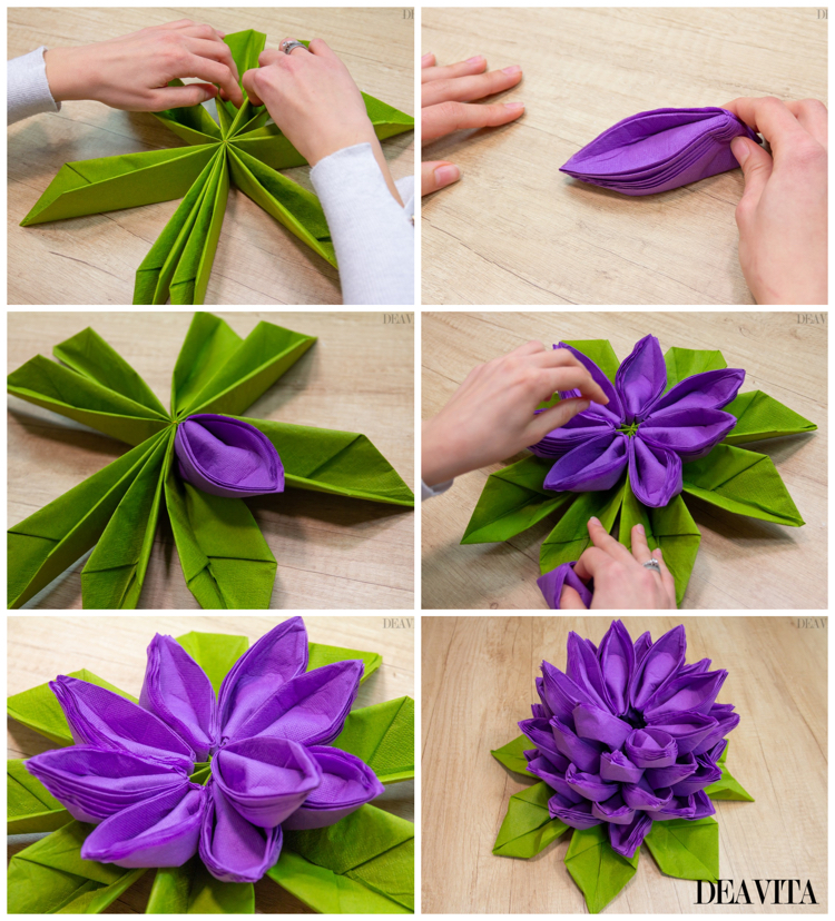pliage de serviette pour Pâques original fleur lotus violette papier