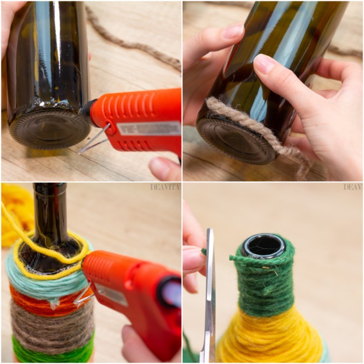 vase à faire soi-même fil de laine bouteille vin tutoriel