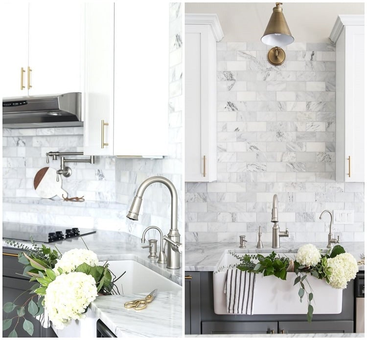 dosseret cuisine marbre design épuré blanc gris plan travail cuisinette contemporaine