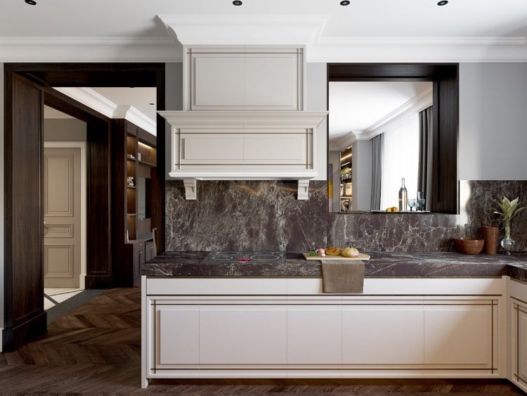 dosseret cuisine marbre marron mobilier cuisine bois blanc élément laiton