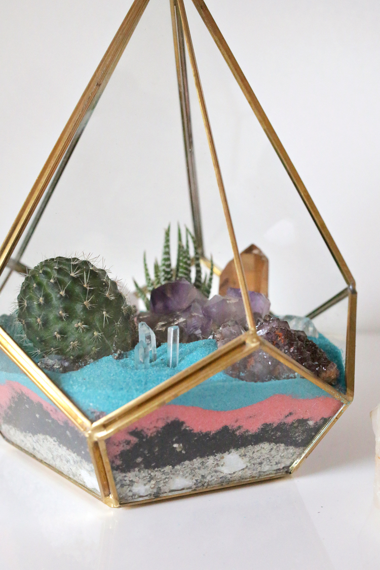 jardin miniature avec des cactus récipient vitré sable coloré