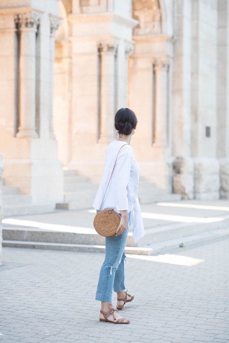 sac a main panier rond bandouliere jeans chemise blanche sandales cuir marron