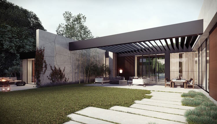dalles de beton grand format allee jardin moderne pergola bioclimatique espace lounge