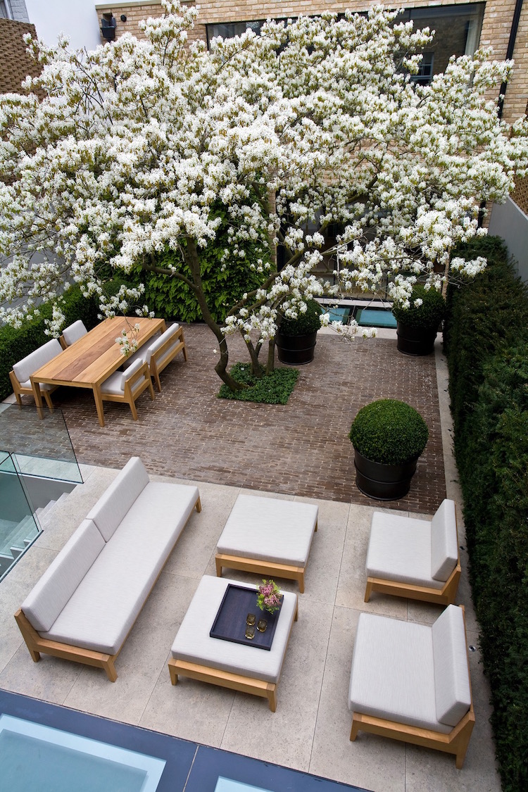 dalles de beton grand format cour arriere meubles lounge modernes coin repas jardin