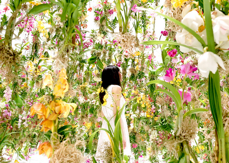 le jardin des fleurs en l'air installation interactive suspendue au plafond