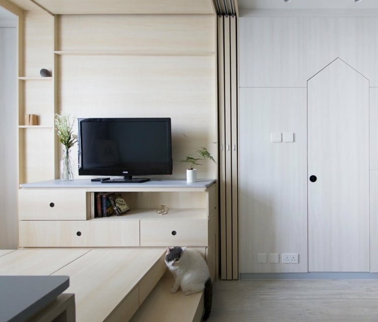 mobilier multifonction bois clair meuble tv tiroirs etageres armoire sur mesure