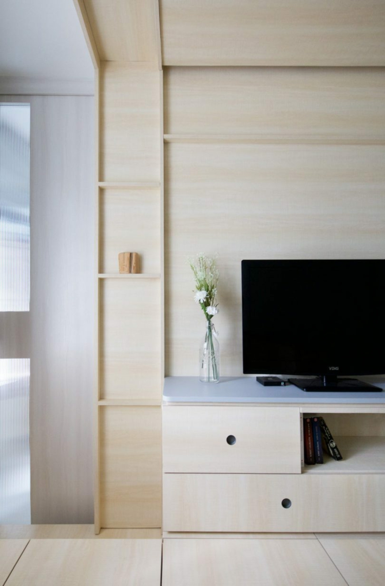 mobilier multifonction bois clair meuble tv tiroirs etageres