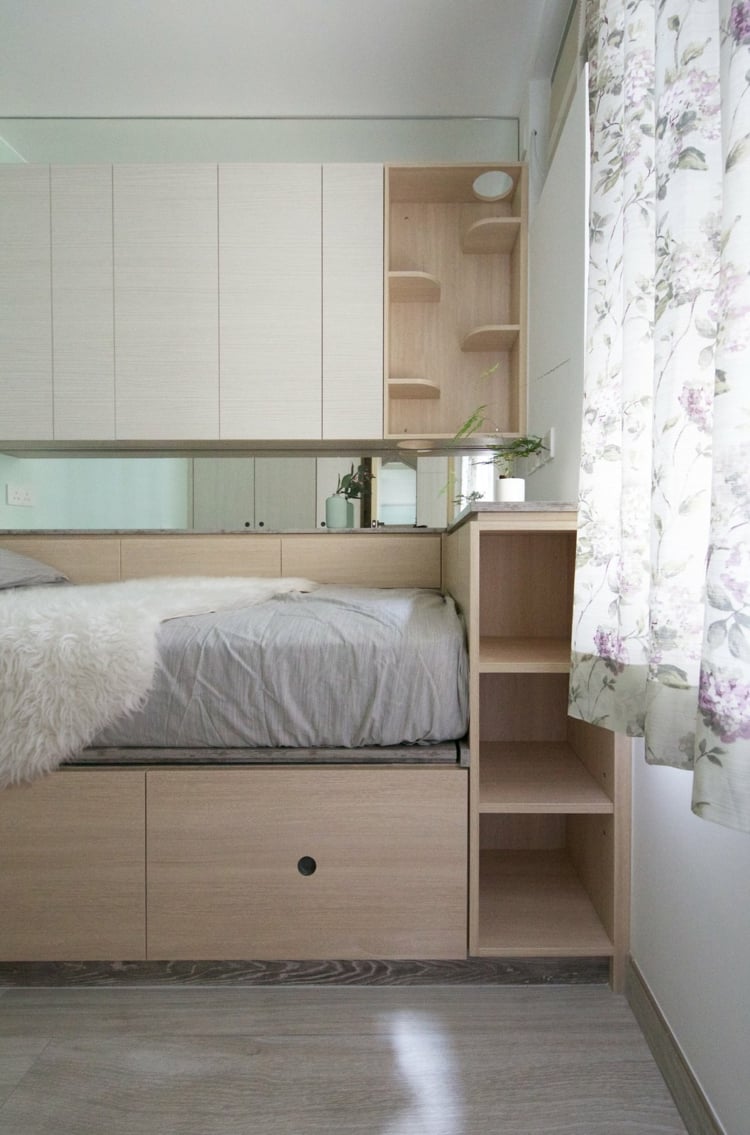 petite chambre lit avec rangement armoire murale etageres grimper chat