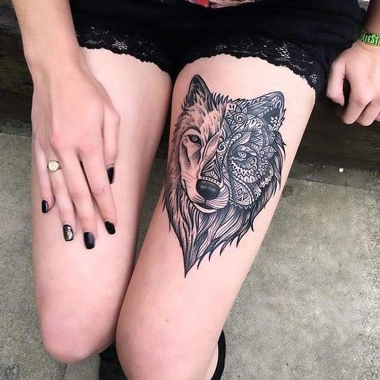 tatouage femme cuisse loup motif intéressant