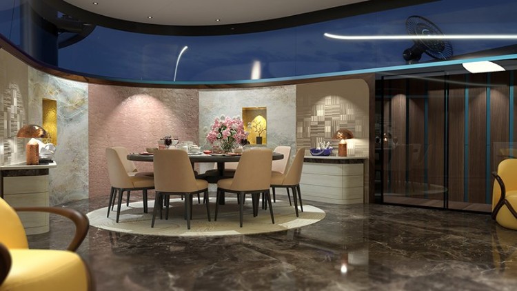 yacht de luxe espace intérieur sol en pierre table ronde