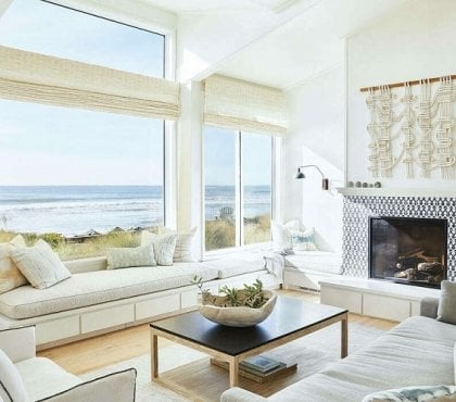 déco bois et blanc cheminée canapés cosy salon moderne