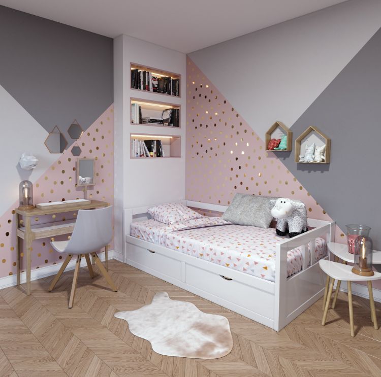 peinture murale géométrique chambre fille rose et gris paillettes