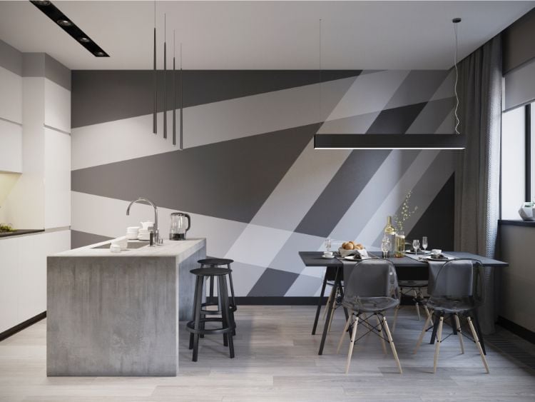 peinture murale géométrique cuisine moderne grise