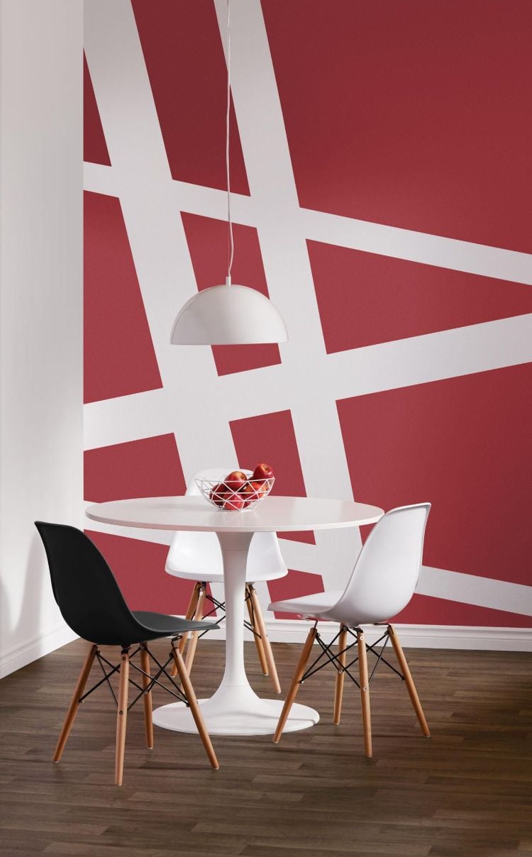 peinture murale géométrique rouge et blanc meubles scandinaves