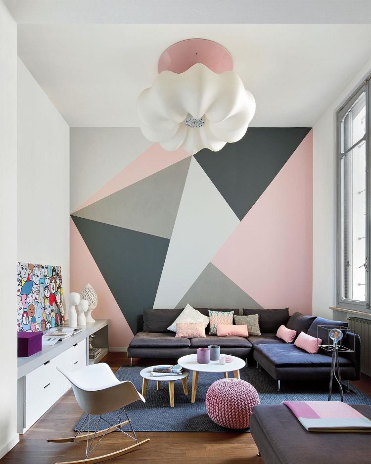 peinture murale géométrique salon couleurs pastel déco moderne