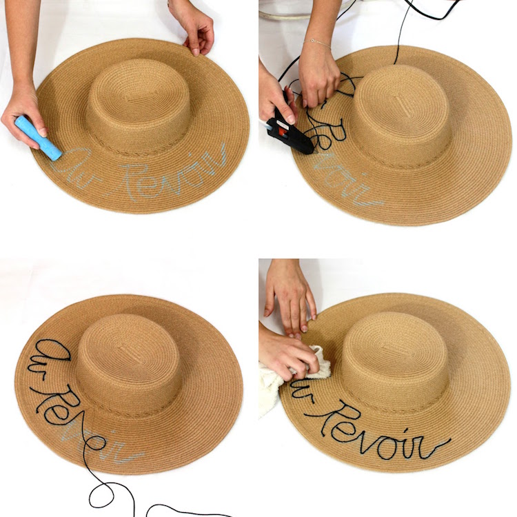 customiser un chapeau de paille broderie Au Revoir