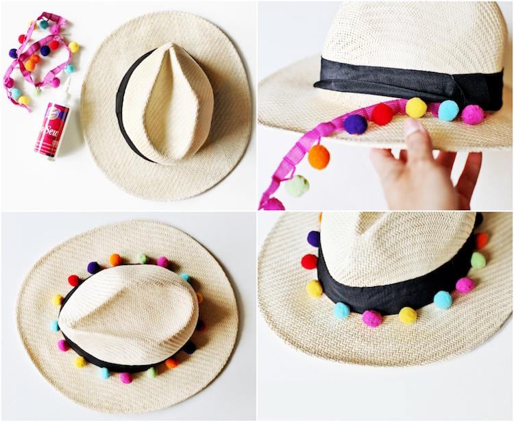 customiser un chapeau de paille ruban noir pompons multicolores